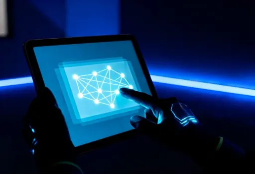 Hand tapping a tablet showing a connected AI network graphic